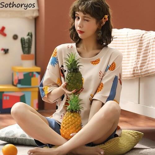 Pajama Sets Women Sweet Girls Sleepwear Korean Style Loose Kawaii 2 Piece Set Summer Cartoon Simple Ruffles Casual Comfortable