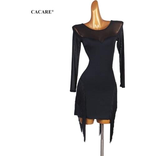 CACARE Latin Dance Dress with Fringes Women Girls Competition Dancing Dresses Latin Dance Salsa Tango D0678 Tassel Hem Black