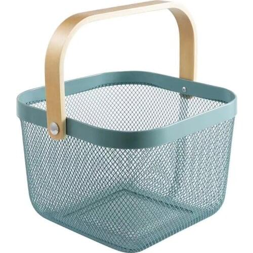 Portable Wooden Handle Metal Basket Home Large Capacity Kitchen Multi-function Vegetable Groceries Practical Storage Baskets