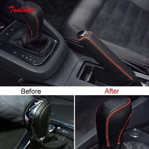 Tonlinker Handbrake Grips+Gear Shift Collars Cover Stickers For Volkswagen POLO AT Car styling 2 pcs PU Leather Cover stickers