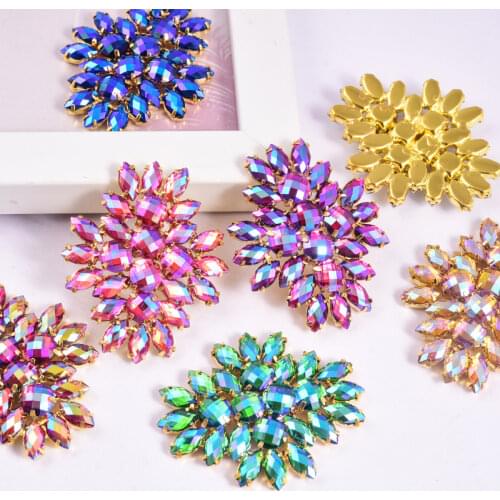 5 Shapes 1pc Colorful Crystal AB Rhinestones Applique Sew On Rhinestones Golden Bottom for Hat Decoration Wedding Dress B1214