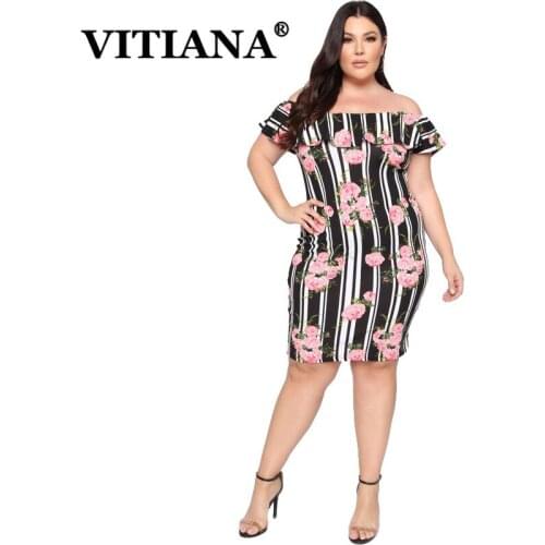 VITIANA Women Plus Size Pencil Dress Summer 2019 Female Ruffles Striped Off Shoulder Sexy Dresses Ladies Fat Vestidos 5XL