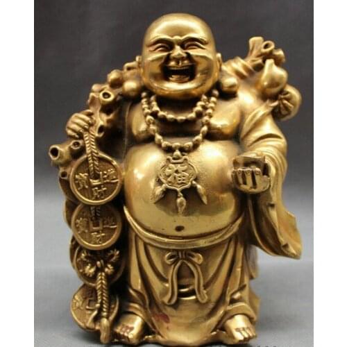 YM 317 Chinese Brass Buddhism Wealth Coin YuanBao Happy Laugh Maitreya Buddha StatUE