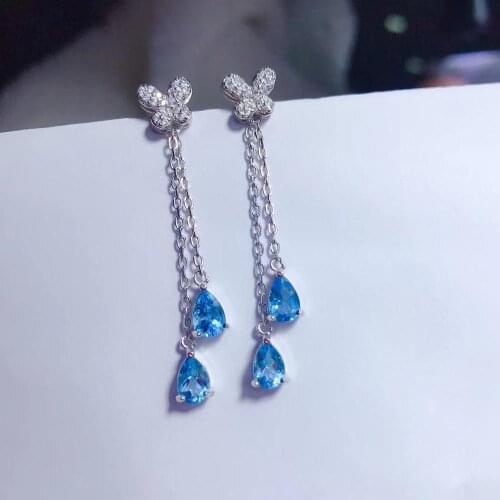 Fashion long Bow water drop Natural blue topaz drop earrings 925 silver natural gemstone earrings women girl party fine jewelry