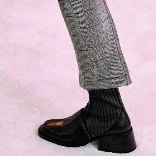 Winter Black Leather Patchwork Sock Boots Women Square toe Ankle Boots Ladies Chunky Heel Short Boots Runway Boots