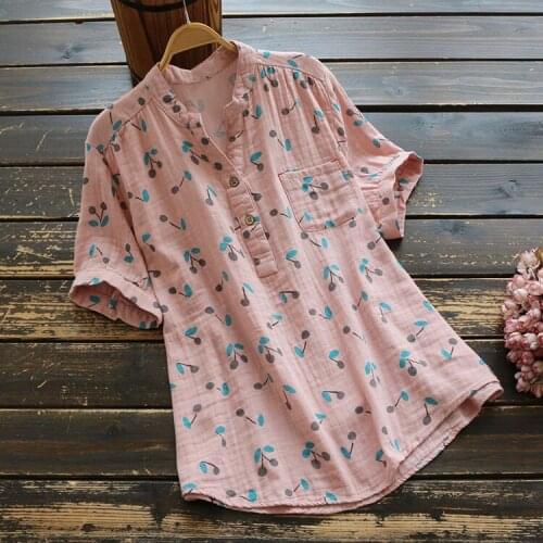 6321 New Summer Women Cotton Literary Print Short Sleeve Shirt Japan Style Mori Girl V-Neck Loose Pullover Women Blouse