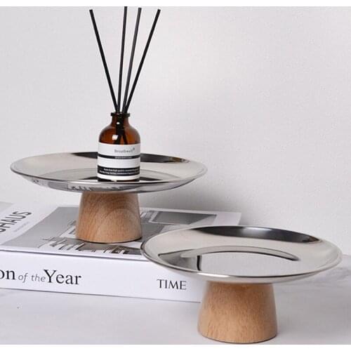 1Pc Nordic Aluminum Round Storage Tray Solid Wood Base Fruit Snacks Dessert Table Stand Candy Plate Photo Props Pallet