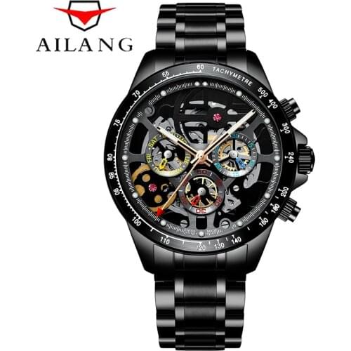 AILANG Automatic Hollow Mechanical Watch Stainless Steel Black Luxury Sports Waterproof Calendar Week Business Formal Watch 8827
