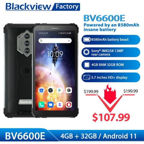 Blackview BV6600E Smartphone IP68 Waterproof 8580mAh Battery 4GB 32GB Octa Core 13MP Camera 5.7'' Display Android 11 Cellphones