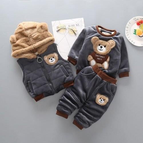 1-4 Years children clothes 3pcs Cartoon Bear Sweater Clothes winter plus velvet padded sweater autumn children Korean girl suit