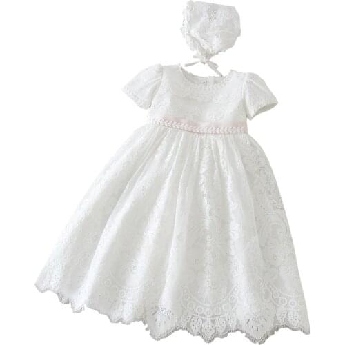 Baby Girl Baptism Dress First Birthday Party Outfits Toddler Ivory Mesh Ruffles Christening Gown with Hat Dresses for Newborn