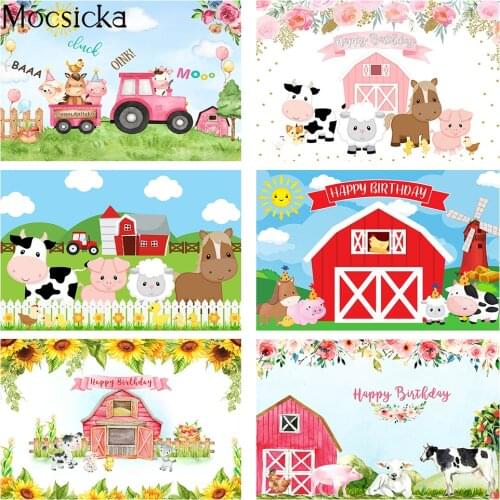 Farm Courtyard Happy Birthday Party Backdrop Decoration Red Barn Wild Animals Background Flowers Kids Birthday Cake Smash Photo