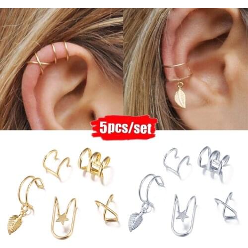 5Pcs/Set Ear Cuffs Gold color Leaf Ear Cuff Clip Earrings for Women Earcuff No Piercing Fake Cartilage Earrings