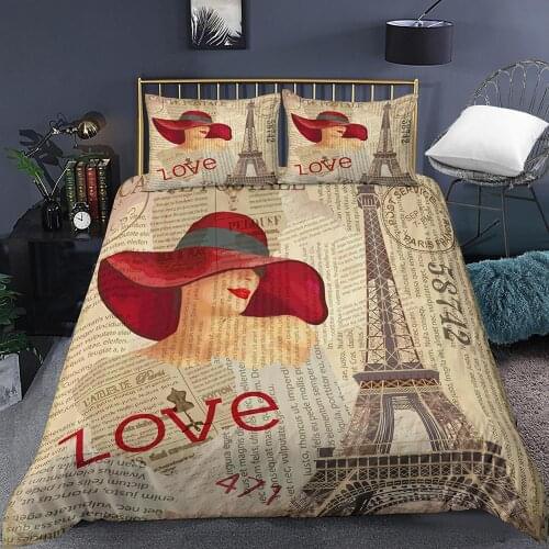 Vintage Poster Paris Eiffel Tower Newspaper Background Bedding Love Duvet Cover Beauty Women Comforter Cover Pillowcases