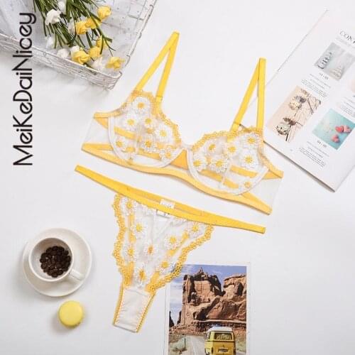 MeiKeDaiNicey 2021 Lingerie Womens Underwear Set Small Daisy Embroidery Mesh See-through Hollow Gather Underwear Set