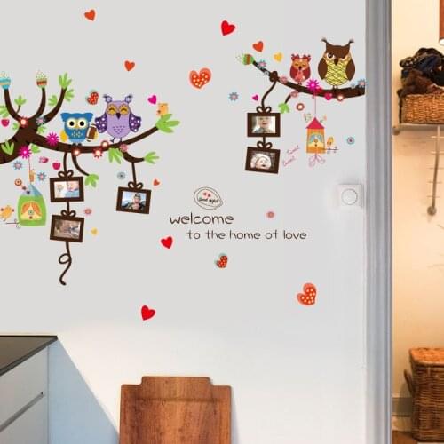 Cartoon Photo Frame Wall Stickers Lovely Colorful Owls Birds Home Decoration 3D DIY Kis Room Animals Wall Decals Free Shipping