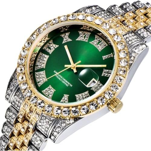 Hip Hop Mens Brand Watches Fashion Alloy Band Luxury Full Diamond Date Gifts Quartz Wristwatches Montres de Marque de Luxe 2021