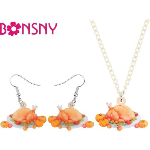 Bonsny Acrylic Thanksgiving Turkey Fried Chicken Pumpkin Jewelry Set Necklace Earrings Decorations For Women Girls Teen Kid Gift