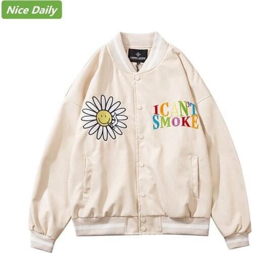 NiceDaily Men PU Leather Patchwork Bomber Jacket Daisy Embroidery Letter Spring and Autumn College Style Mens Baseball Jacket
