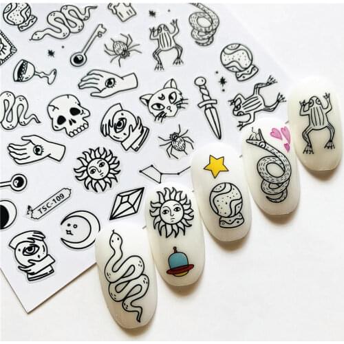 Newest TSC series TSC-107-108-109 Black and white Cartoon character 3d nail art stickers decal template diy nail tool decoration