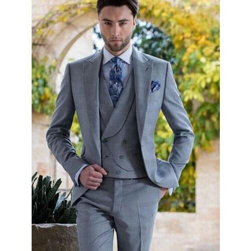 ANNIEBRITNEY Light Grey 3 Piece Slim Men Fashion Suit Cutsom Groom Wedding Tuxedo Prom Wedding Tailor Made Men Suit With Pants