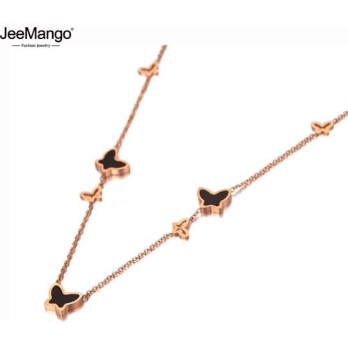 JeeMango Trendy Stainless Steel 7Pcs Butterfly Charm Pendant Necklaces Jewelry Rose Gold Wedding Necklace For Women Gift JN20067