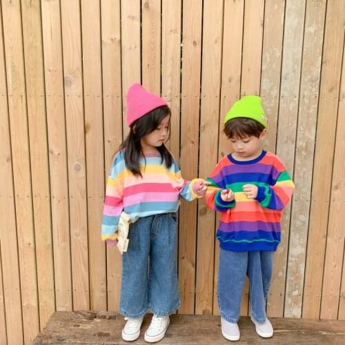 Korean style Autumn boys girls casual rainbow striped sweatshirts 2020 New arrival cotton loose clothes