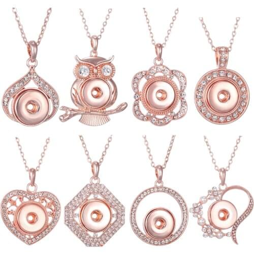 Rose Gold Plated Snap Jewelry Necklace Rhinestone Flower Love Owl Snap Pendant Necklace Fit 18mm Snaps Buttons Jewelry Necklaces