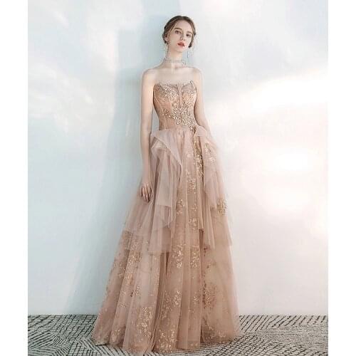 Champagne Pink Evening Dresses Strapless Luxury Sequin Beads A Line Tulle Wedding Ceremony Party Graduation Prom Gowns Sexy 2021