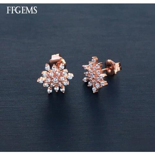 FFGems Real 925 Silver Snowflake Stud Earring Sterling Zircon Fine Jewelry For Women Lady Engagement Wedding Party Gift Box