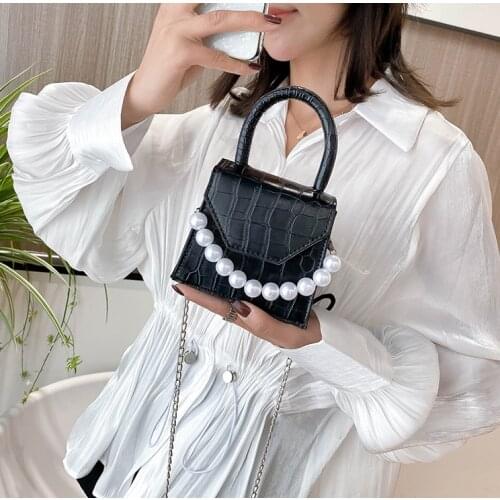 Net Red Crocodile Pearl Hand-held Small Square Bag Womens Bag New 2020 Summer Fashion One Shoulder Slant Cross Handbag Black