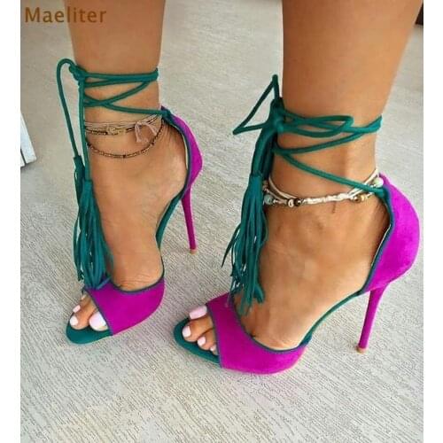 Women Chic Fuchsia Suede Fringe Sandals Concise Ultra High Heels Lace-up Tassel Shoes Rose Red Yellow Cross Tied Dress Pumps