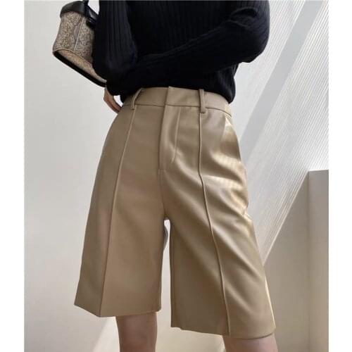 2021 Spring And Autumn New Sheepskin Leather Shorts Five Loose Slim Wear High Waist Wide Leg Pants Womens Leather Pants