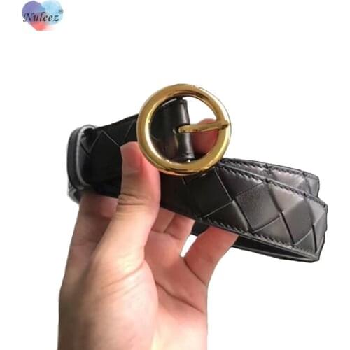 High Quality Fetal cowhide Woven Belts Women Brand Handmade Luxury Gift Copper Circle Buckle Jeans Belts Ladies 2021 New Classic