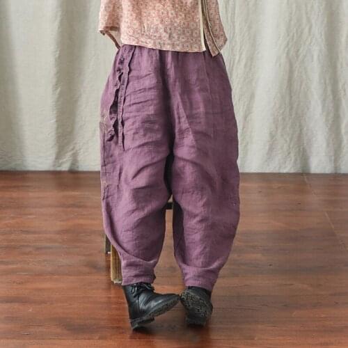 Johnature Women Radish Trousers Solid Color Elastic Waist Linen Casual Pants 2021 Summer New Loose Vintage Wide Leg Pants