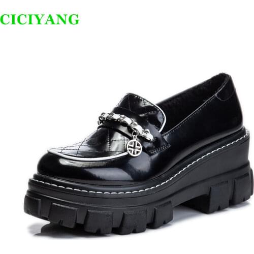 2020Autumn New Womens Shoes Genuine Leather High Heels Chunky High Heels Fashion Wedges Girl Student Sweet Little Leather Shoes