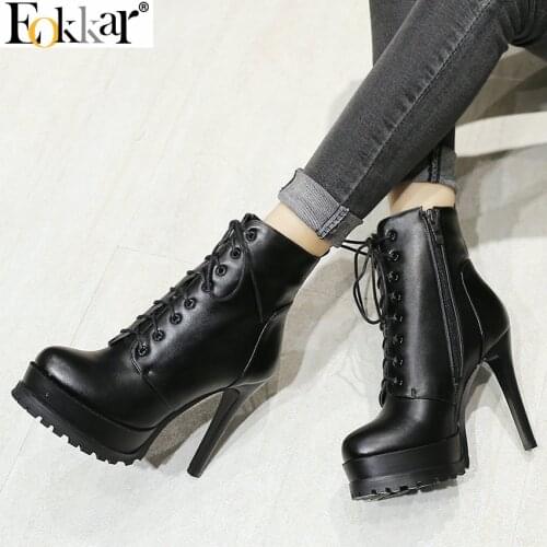 Eokkar 2020 Women Winter Boots Warm Inside Super Square High Heel Women Ankle Boots Round Toe Platform Ladies Boots Size 34-43