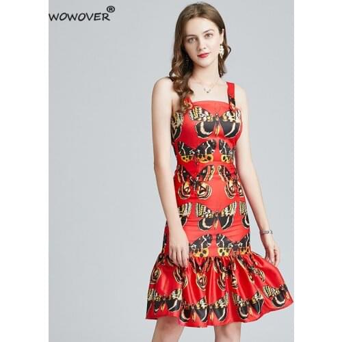 Women Summer Designers Fashion Vintage Print Runway Dress Holiday Spaghetti Strap Robe Femme Trumpet Party Vestidos