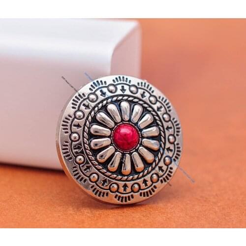 10pcs 30mm Silver Tribal Flower Pattern Red Turquoise Concho Button For Leathercraft Western Concho Belt Luggage Bag Wallet Case