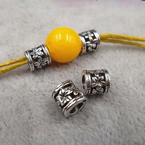 50pcs/lot Antique Silver Carved Flower Cylinder Beads 6x6mm Tibetan Silver Handmade Barrel Spacer Beads DIY Jewelry Making Charm