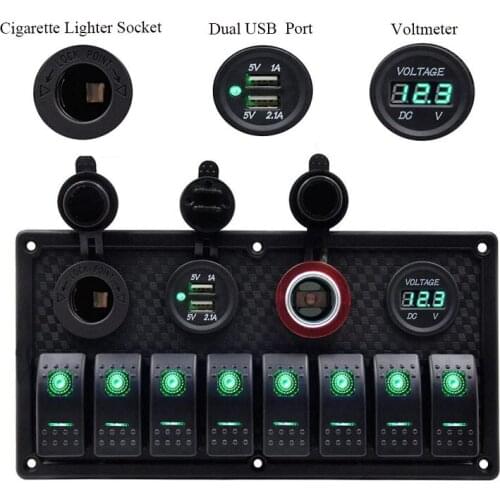8 Gang Rocker Switch Panel Control Car Marine Boat Circuit Breakers Panel Dual USB Charging Ports Cigarette Lighter Socket New