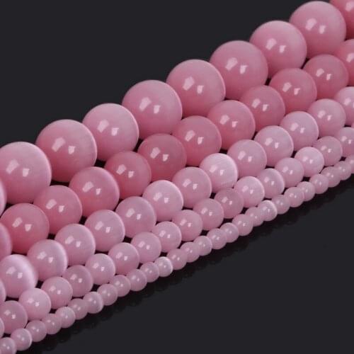 Pick Size 4.6.8.10 12MM Mexican Opal Smooth Pink Cats Eye Beads Natural Stone Spacer Loose Beads for Jewelry Making15/Strand
