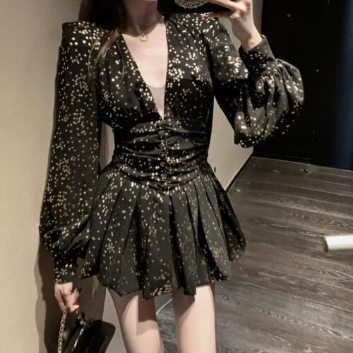 Black Sexy Women Club Mini Short Dress Long Sleeve Deep V Neck Collar Chic Korean Dresses Girls Spring Autumn Vestidos X73