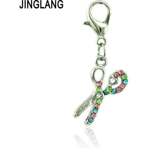JINGLANG Wholesale Scissors Charm With Lobster Clasp Multicolor Rhinestone Pendants DIY Charms For Jewelry Making Accessories