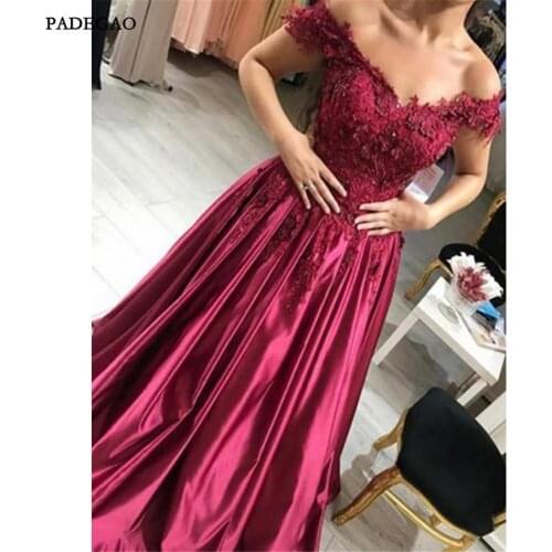 Beauty Red Evening Dresses A-Line Appliques Long 2019 Party Dress Off Shoulder Floor Length Sleeveless Pleat Evening Dress