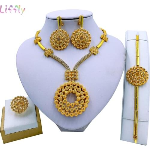 Liffly Round Necklace Bracelet Earrings Ring Fashion Jewelry African Party Fashion Jewelry Sets Charm Women Accessories