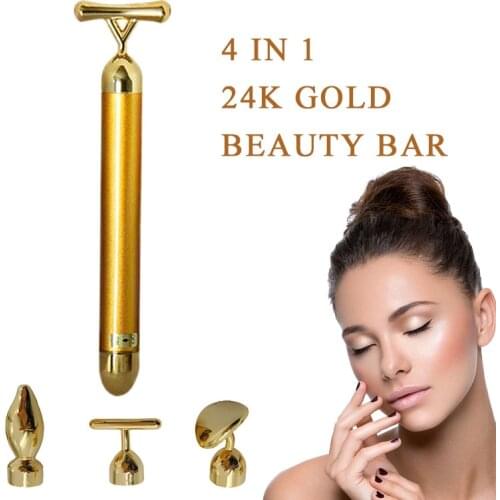 4 In 1 24k Gold Vibration Energy Bar Skin Firming Roller Anti Wrinkle Facial Massager Face Thin Eye Massage Stick Beauty Machine