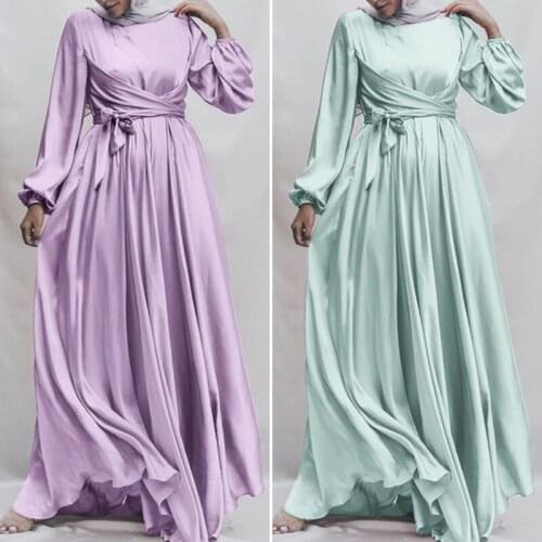 Fashion Muslim Dress Womens Islamic Sundress 2021 ZANZEA Long Sleeve Satin Vestidos Female Marocain Turkish Maxi Robe Belted