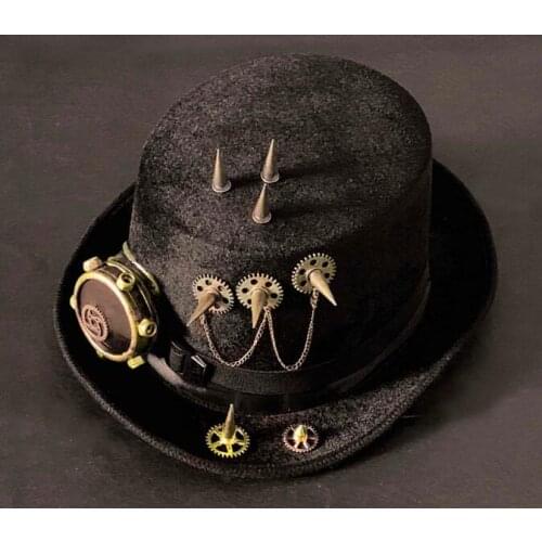 58cm Head Mens Steampunk Top Hat Gears Spike Cosplay Costume Goth Hat Black