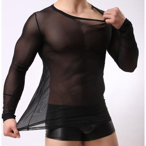 Men Mesh Long Sleeve T Shirts Transparent Breathable Tees Round Neck Casual Thin Type Black T-Shirt Homewear See-Through Blouses